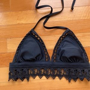 Black lace trim halter bikini top